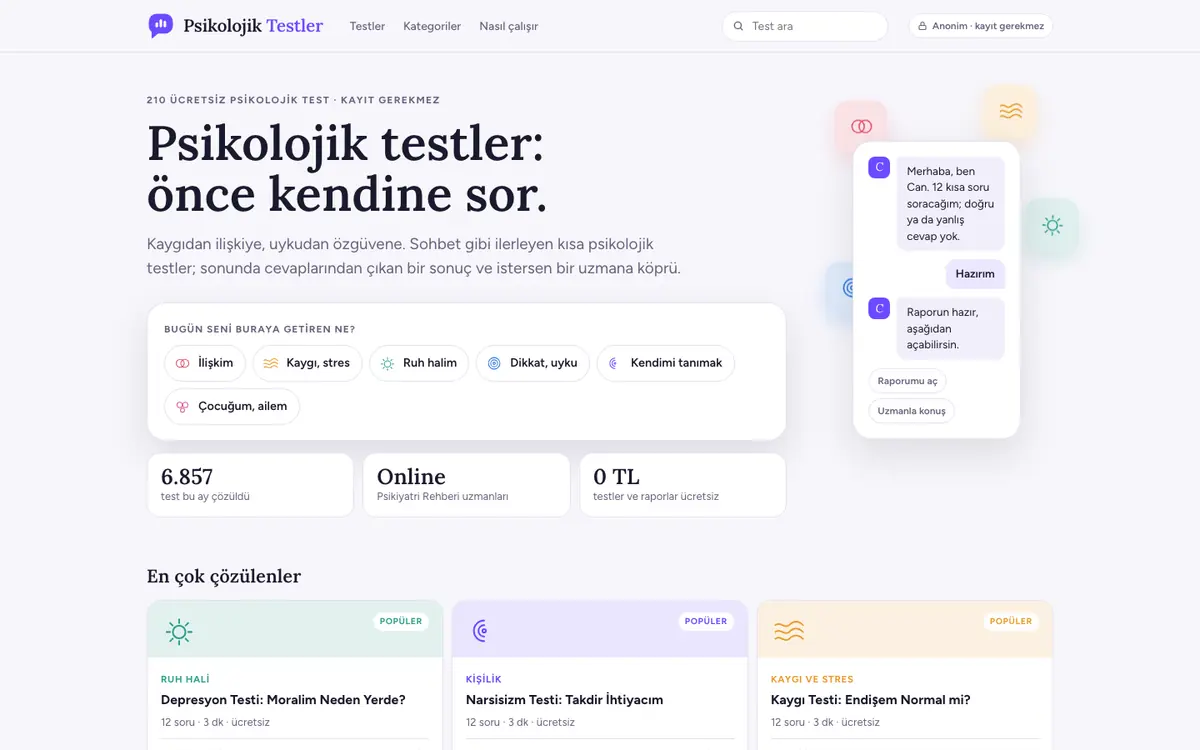 Psikolojik Testler Platformu masaüstü görünümü